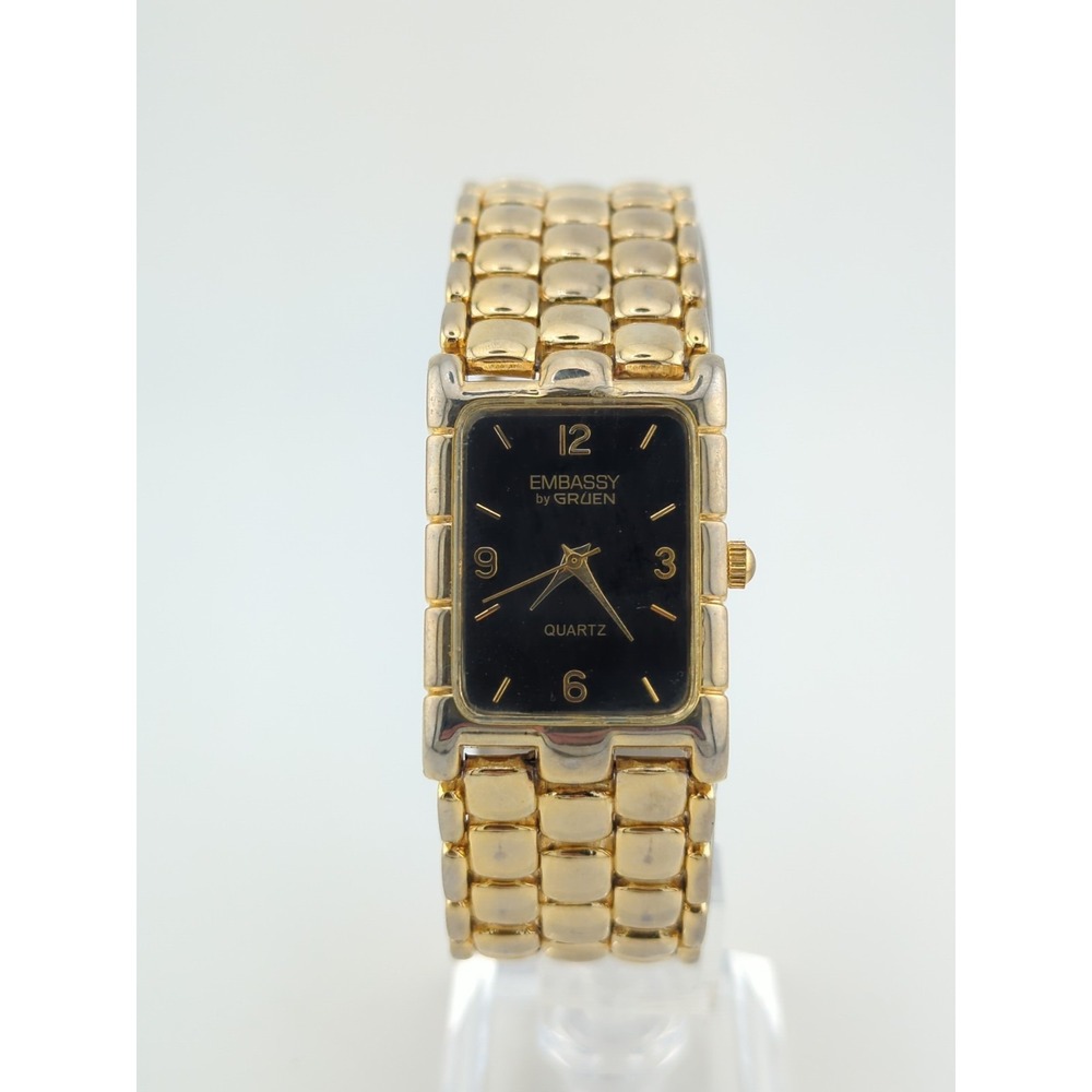 Vintage Y2K Gold Tone EMBASSY by GRUEN Men's 25mm‎ Tank Watch New Battery